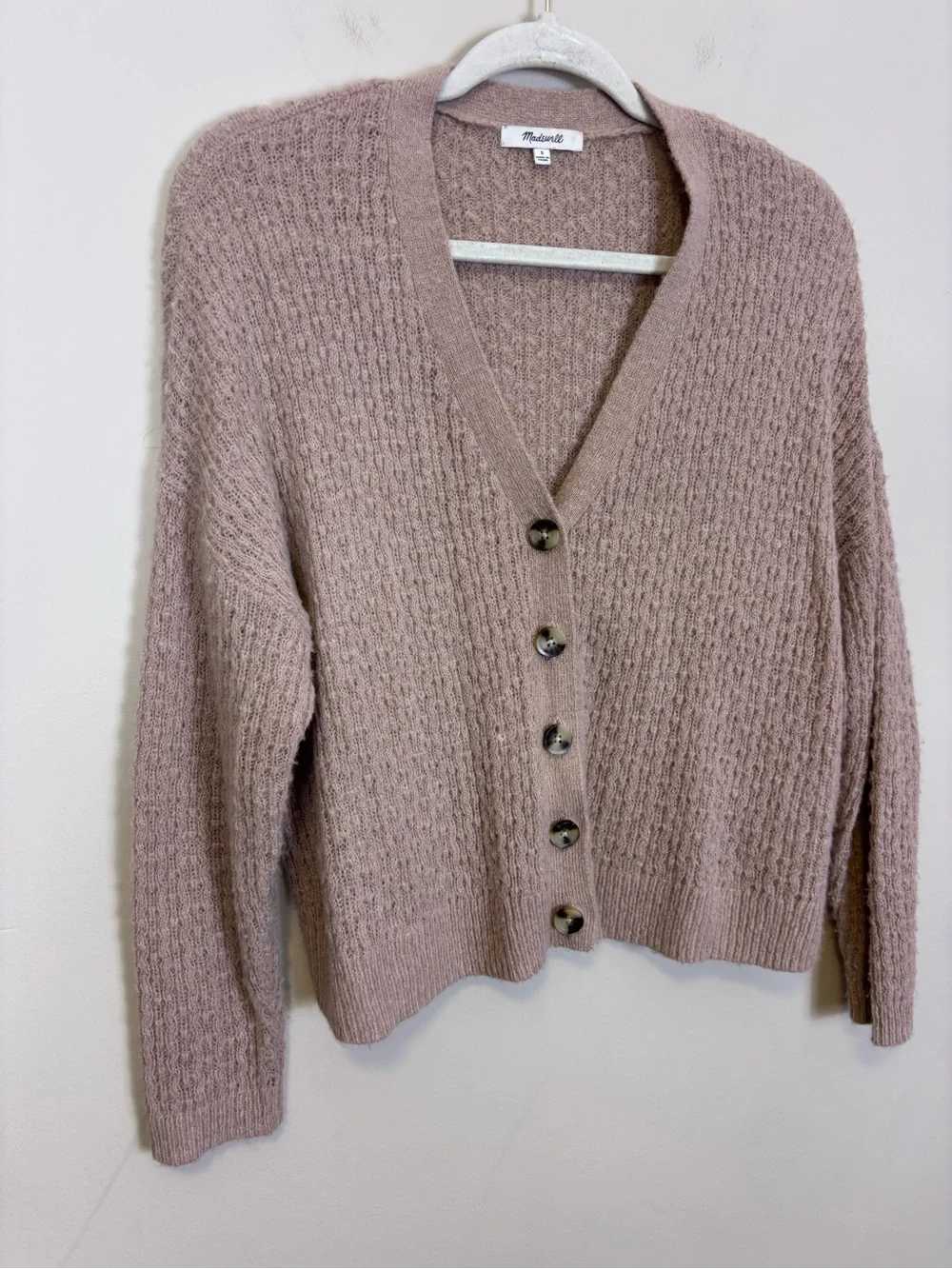 Madewell Textured V-Neck Button Front Cardigan Sweater Light Brown/Blush Small